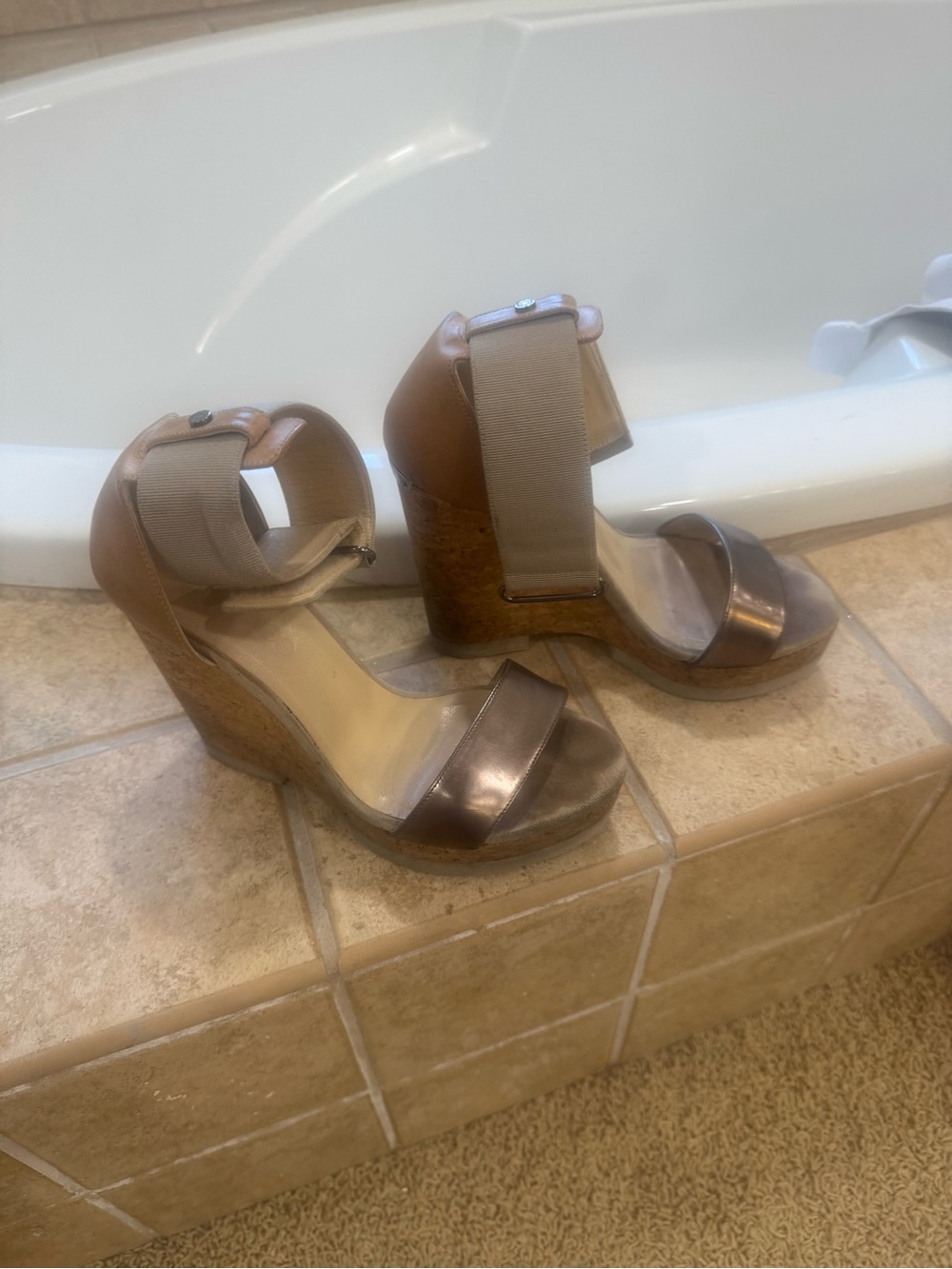 Jimmy Choo Bronze Metallic and Tan Cork Wedge Sandals